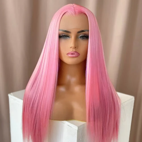 Imagen 2 del producto Peluca sintética recta rosa, pelo largo liso de seda rosa, pelucas frontales de encaje, línea de cabello natural, pelo de encaje rosa para mujer, ropa de Cosplay