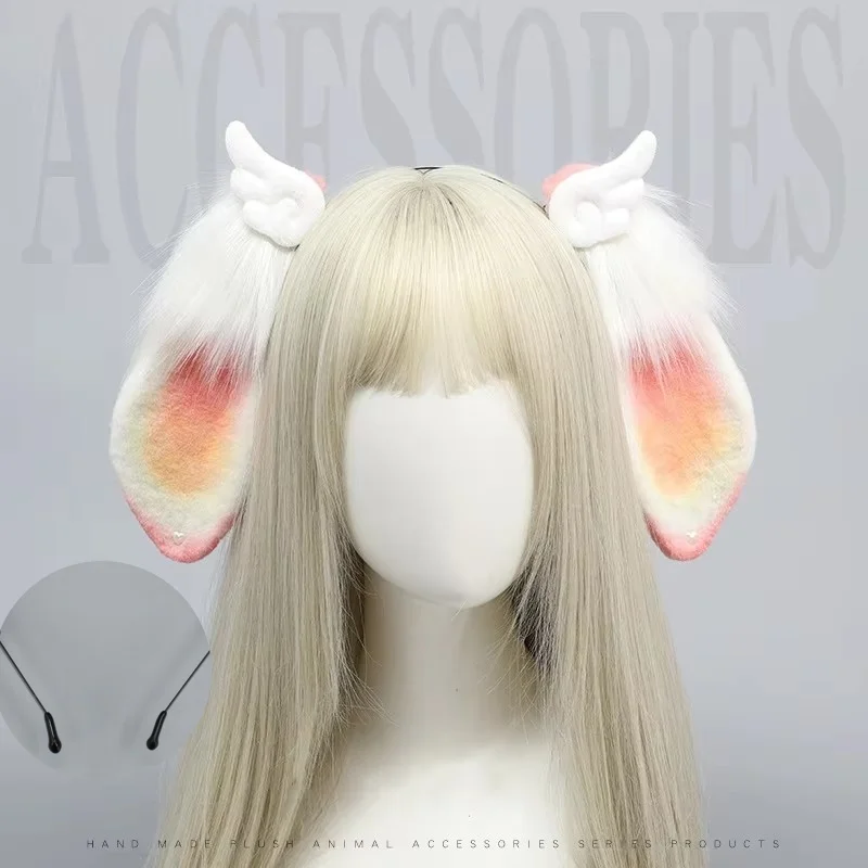 

Новый обруч ручной работы с ушками ангела и кролика, милый обруч с имитацией пушистых ушей животных, розовая повязка на голову Лолиты на Хэллоуин, повязка на голову для косплея Pros