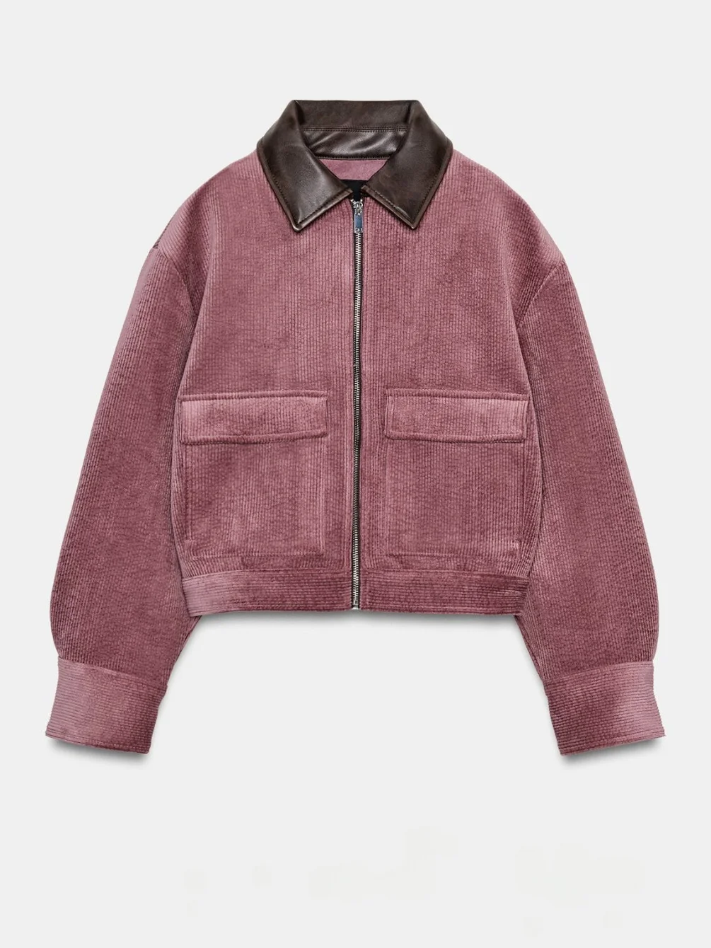 pink-corduroy-patchwork-fake-leather-collar-jaet-faionable-women's-ort-outerwear-commute-sle-loose-fit-long-sve