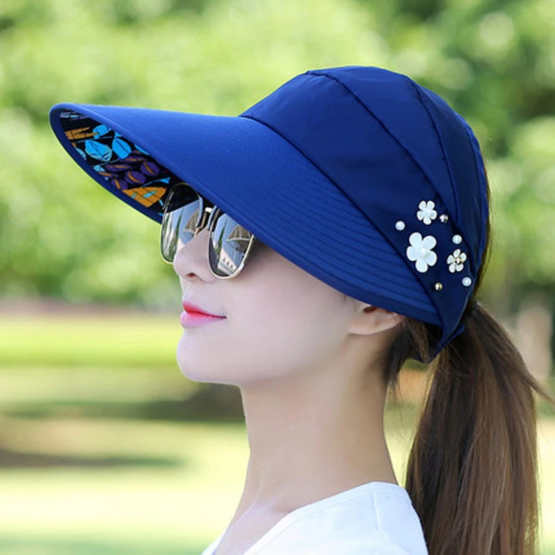 Summer Hats For Women Foldable Sun Hat Pearl Flower Visor Suncreen Floppy Cap Female Outdoor Casual Baseball Cap