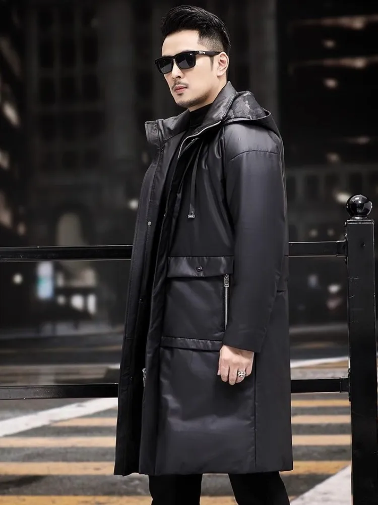 Winter Mens Cowhide Genuine Leather Down Coat Loose Fit Straight High Street Casual Outerwear Male Hooded Long Jacket Size:M-5XL