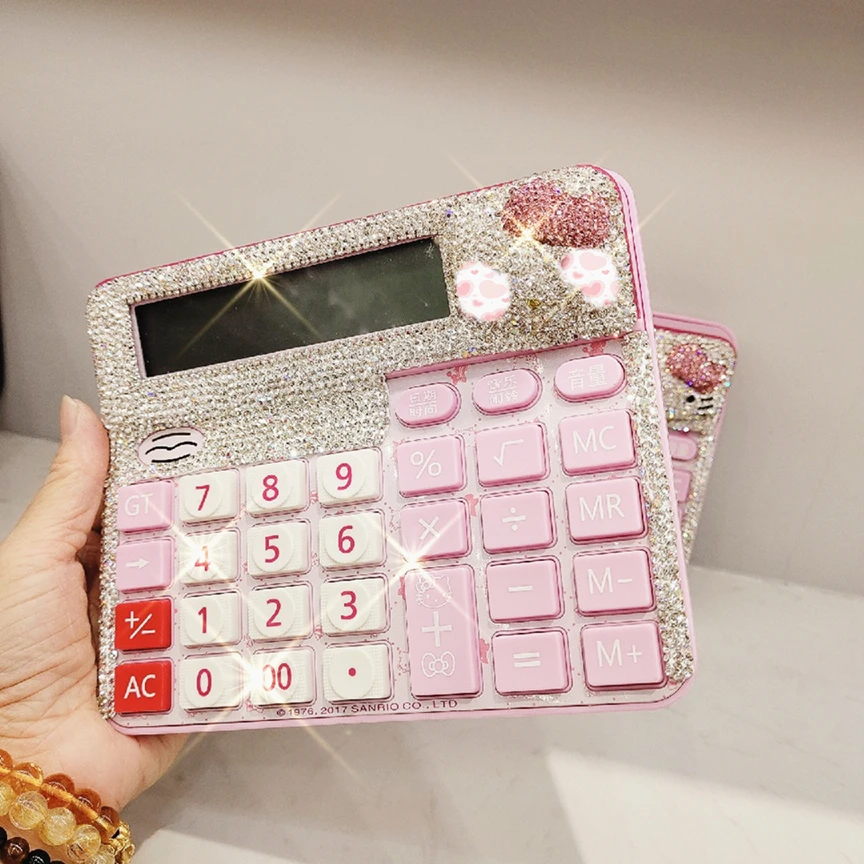 Kawaii Cartoon Calculator with Rhinestone Cute Pink Cat Real Voice Learning Big Button Screen Display 12 Digits Office Supplies