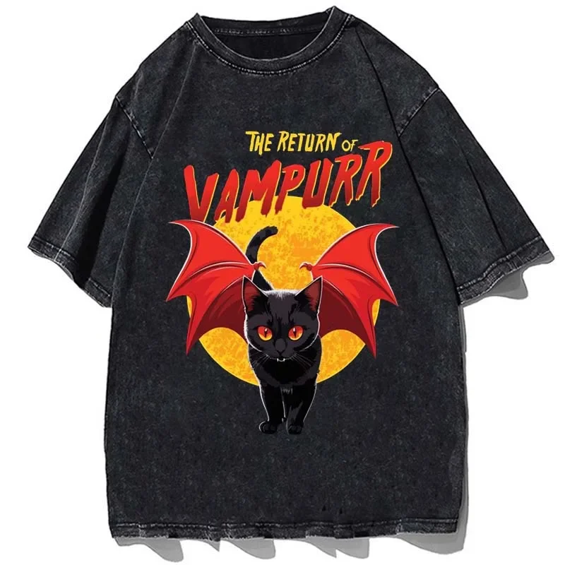 O Retorno de Vampurr T-shirt de algodão estampado gráfico masculino, O Neck Tops, Vintage Lavado, Oversize, Alta Qualidade