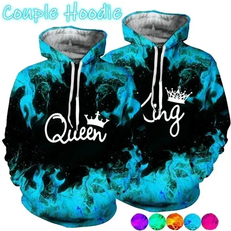 Fashion 3d printing combines king and queen hoodies for couples, you and your hoodies, casual sweatshirts, oversized men's hoodi