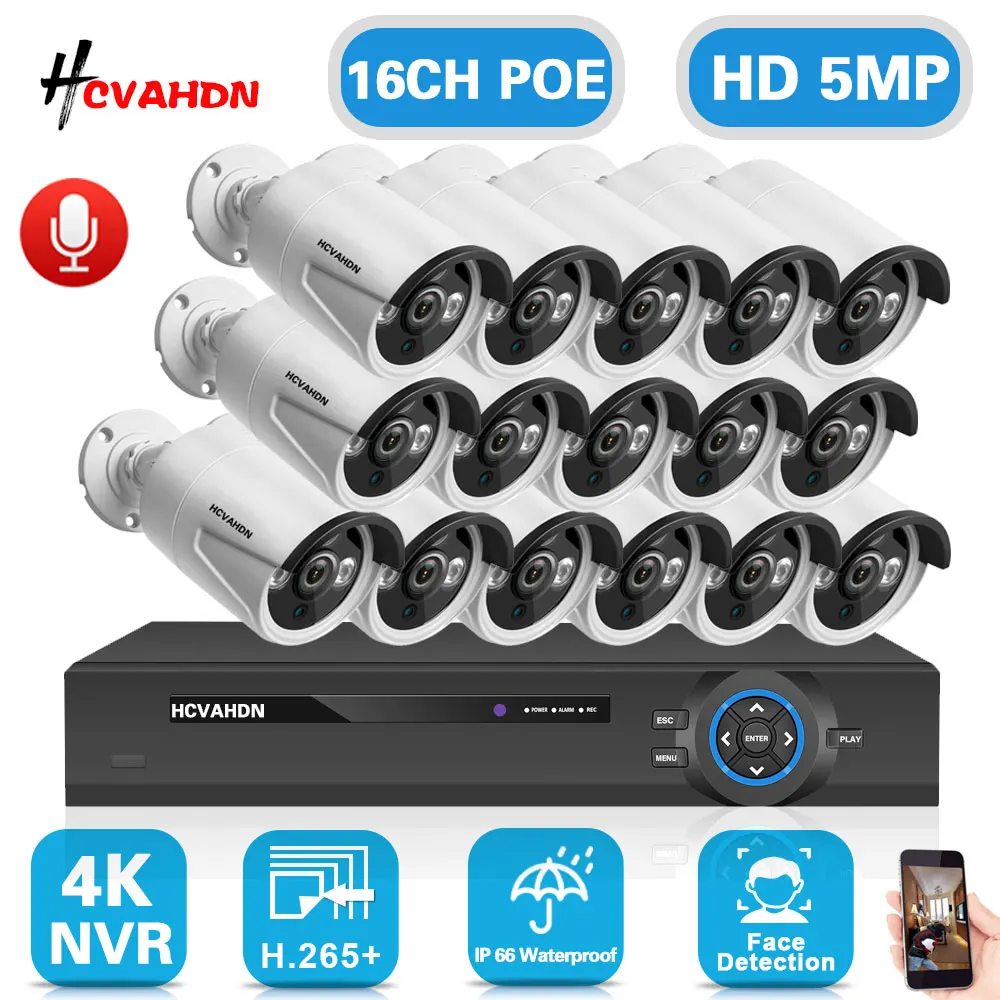 

16CH 4K POE NVR Security Camera System Kit H.265 Audio 5MP POE IP Camera Set Outdoor Waterproof CCTV Video Surveillance Kit P2P