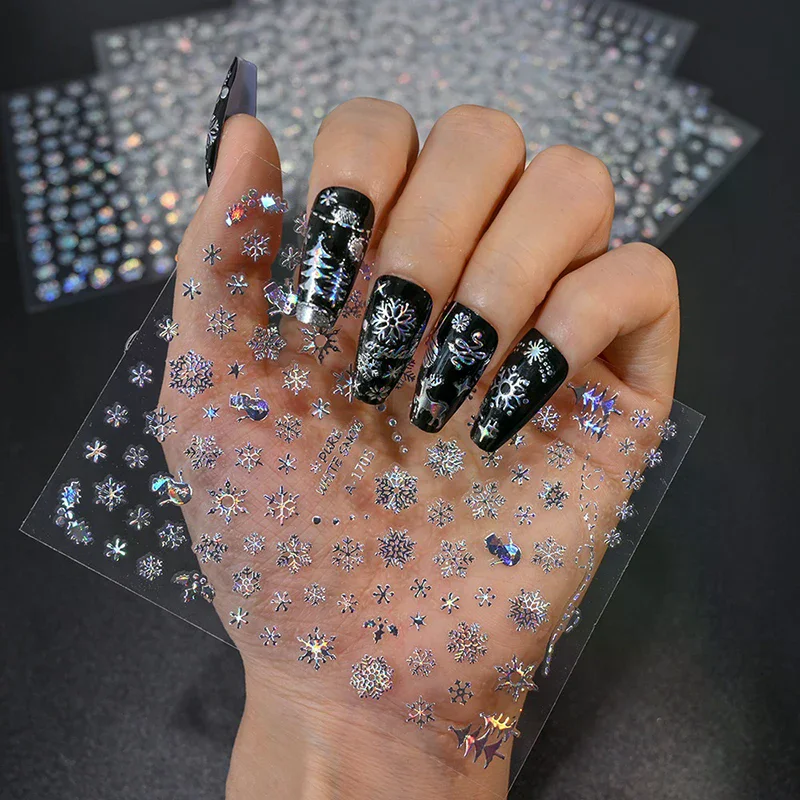 1 ورقة زينة عيد الميلاد 2026 السنة الجديدة ملصقات الأظافر اضغط على الأظافر الليزر ندفة الثلج ثلج شجرة عيد الميلاد ثلاثية الأبعاد مسمار صائق #4