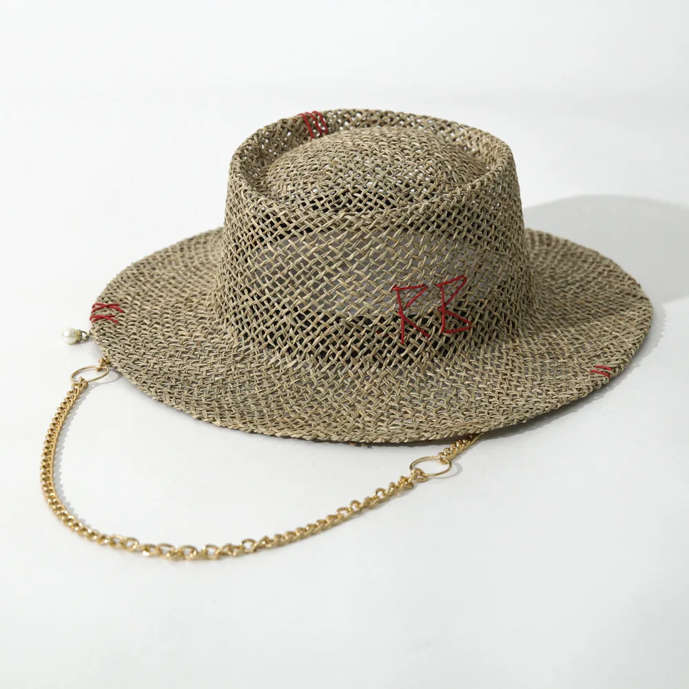 RB Hat, Designer Fashion Hand Stitched Metal Chain Straw Hat, Hollow Salt Grass Concave Top Sun Cap for Export