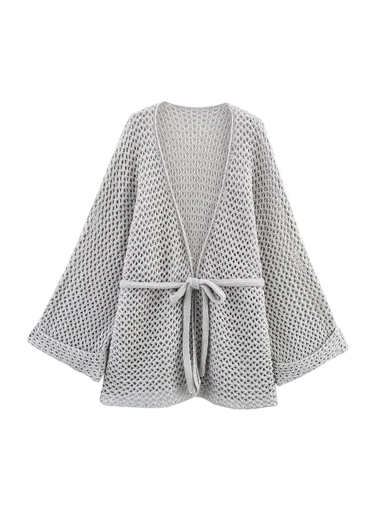

European and American style new women's clothing with belt hollow design loose V-neck casual knitted cardigan jacket