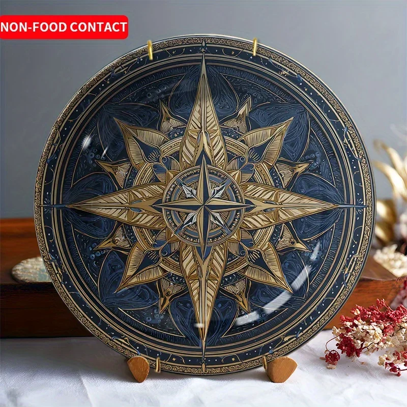 1pc Elegant Ceramic Decorative Plate - Navy Blue & Golden Star Pattern, Non-Food Contact Safe Tabletop Or Wall Decor - Perfect