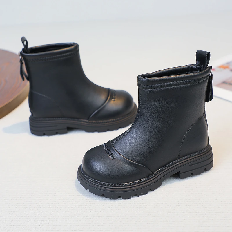 Girls Ankle Boots, Fashion Embossed Letter Kids Short Boots Back Zipper, Non‑Slip Thick Sole Toddler Autumn Winter Dress Boots