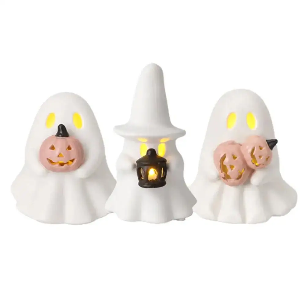 Halloween Ghost Night Light Ornament 3D Printed PLA Ghost Holding Pumpkin Lighted Figurine Warm Glow Lamp Centerpiece Decoration