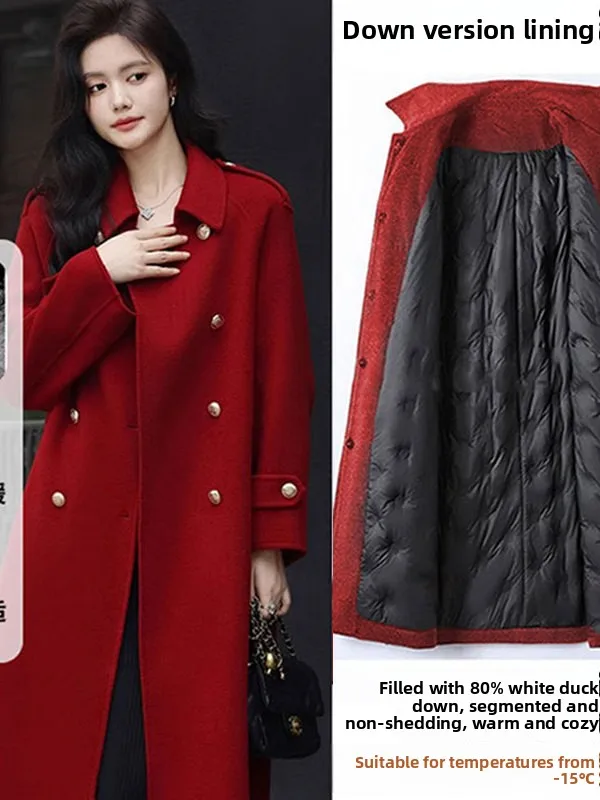 

Red down Filling Woolen Coat Fem New Year's New Sle Winter Warm Medium Length Korean Version Straight Cut Suit