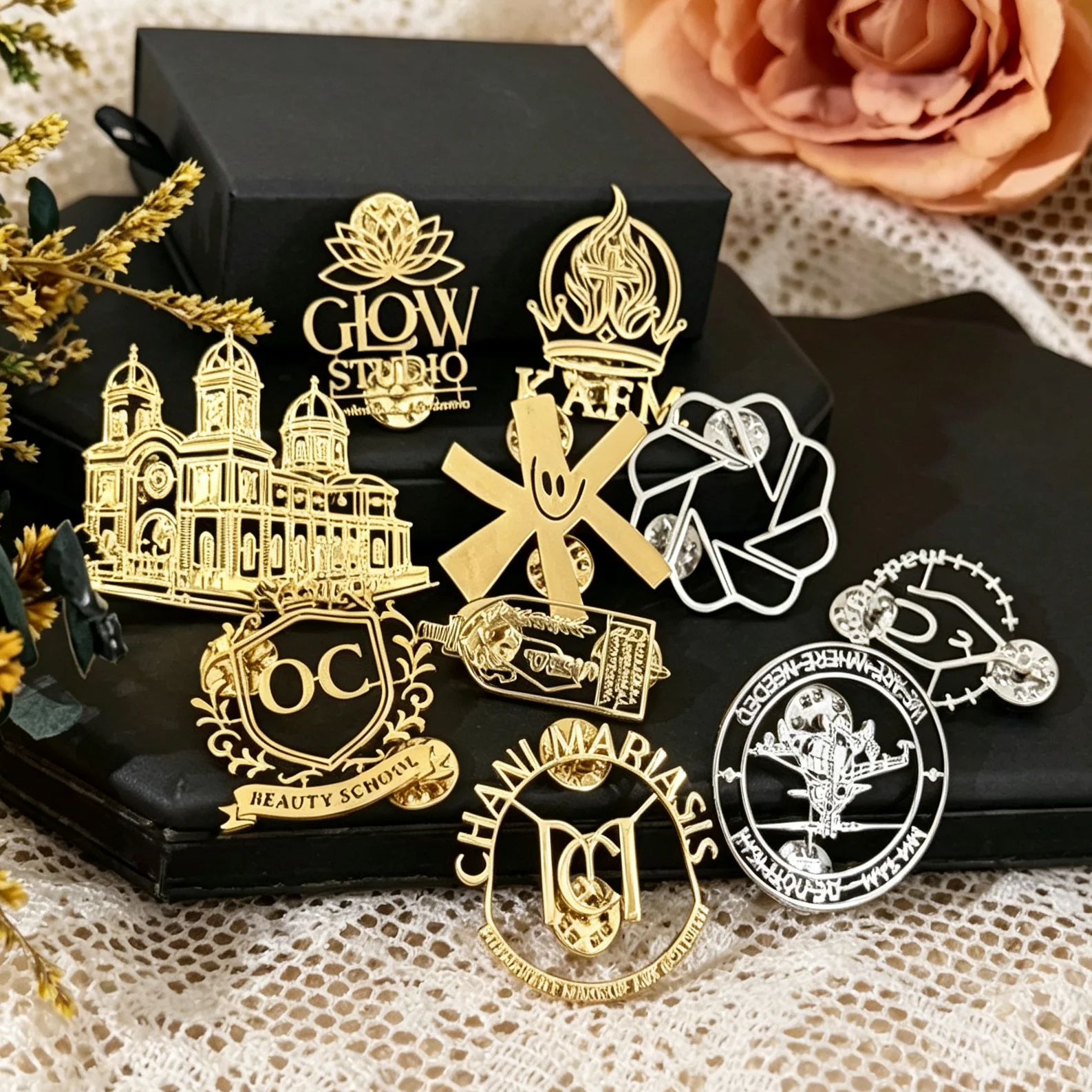 Custom Pattern Hollow Pin Stainless Steel Laser Cut Building Logo Symbol Badge Company Enterprise Team Wholesale Personalized