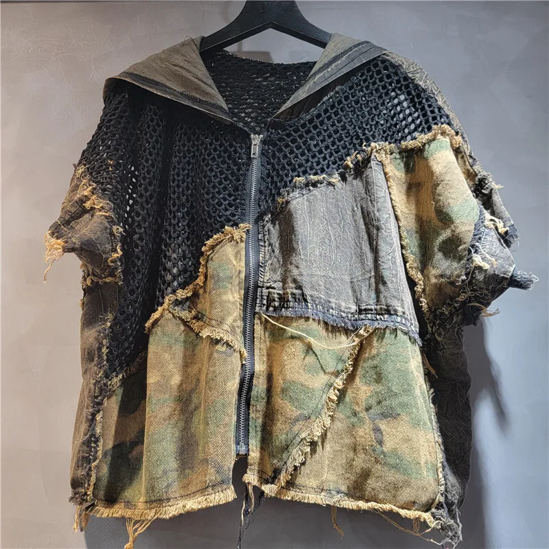 WTHT nueva moda mujer camuflaje empalmado malla con capucha manga corta Tops cintura alta A-line falda femenina 2025 verano 1LS1982