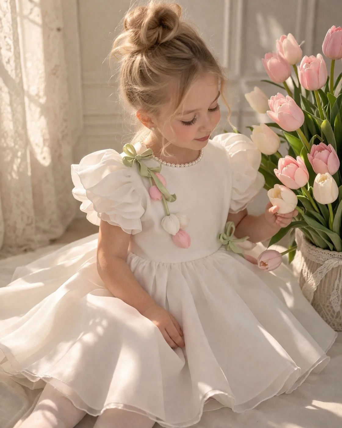 2026 New White Satin Flower Girl Dress Pearl Neck Puff Sleeve Tulip Bow Kids Wedding Baptism Birthday Princess Formal Gown