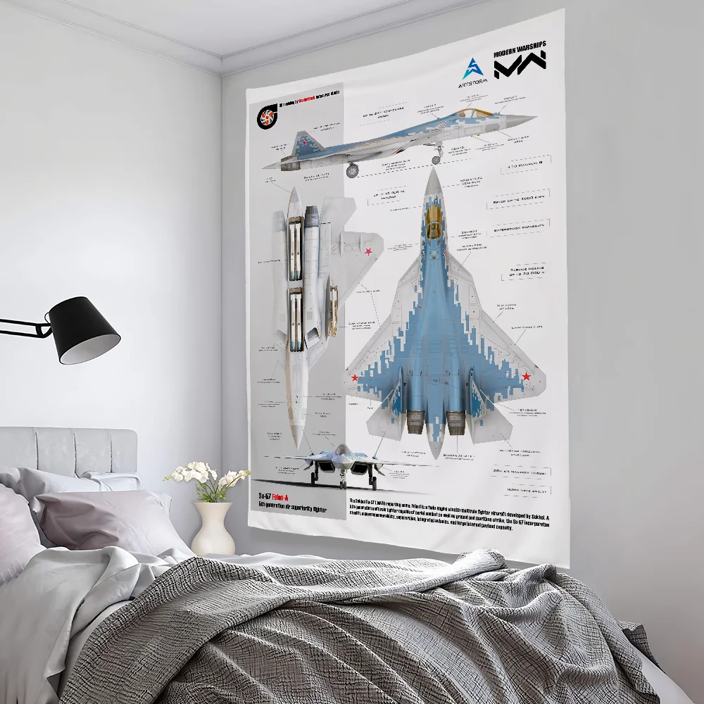 Fighter Helicopter Carrier Su57 Tapestry Bedroom Living Bar Garden Outdoor Microfiber Festival Decoration Background Art Banner