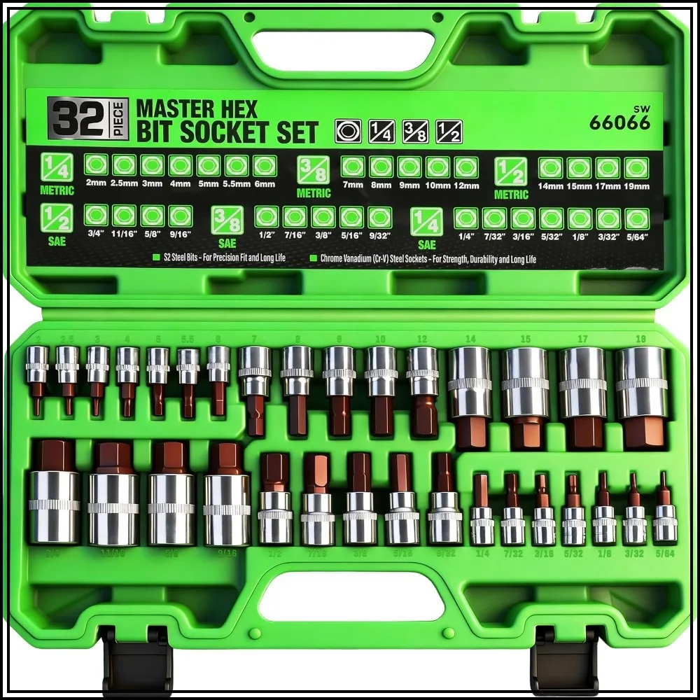 

32 Piece Hex Bit Socket Set, SAE & Metric, 1/4'', 3/8'', 1/2'' Drive, S2 & Cr-V Steel