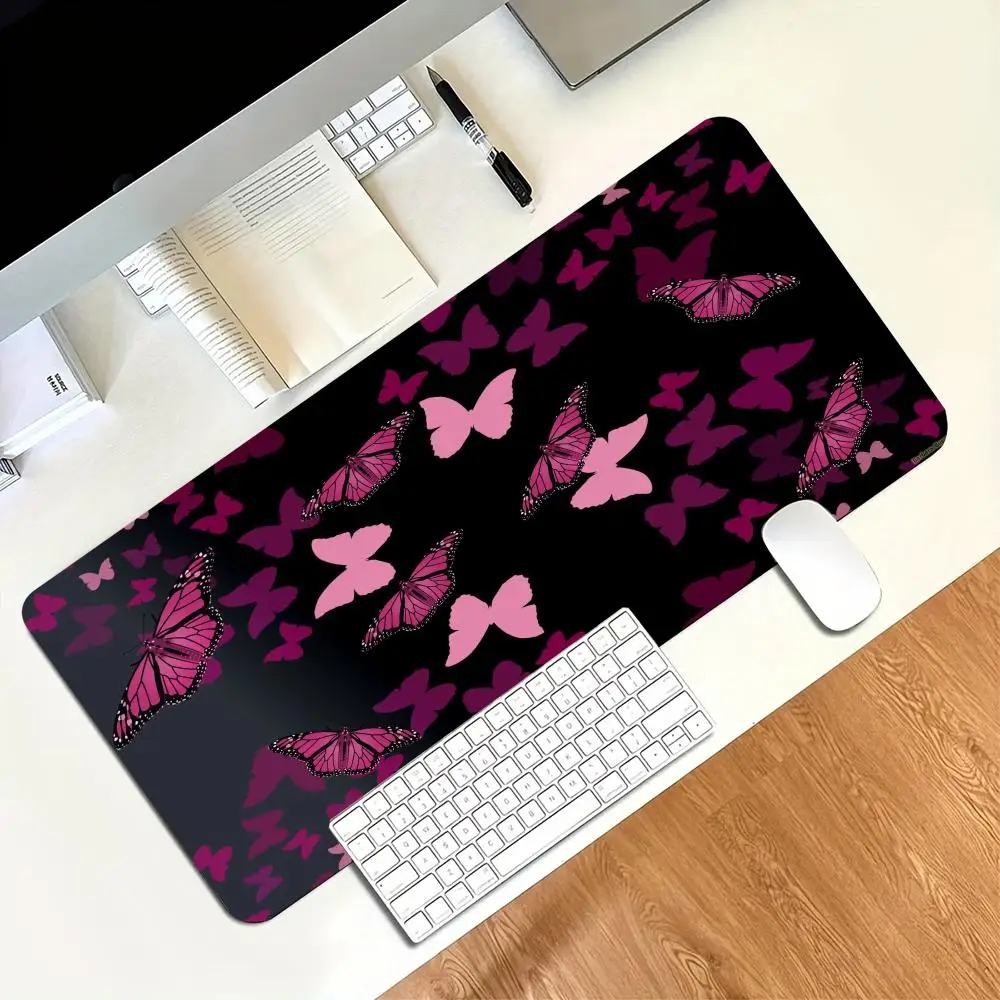 Vibrant Pink Butterfly Extended Gaming Mouse Pad Non‑Slip Desk Surface Sparkling Glitter Romantic Insect Art Print For Gaming