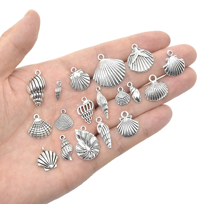 18pcs Mixed Tibetan Silver Assorted Seashells Charms Alloy Metal Ocean Life Seafish Pendants For DIY Jewelry Making