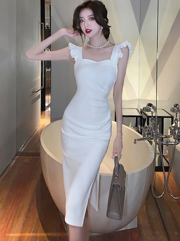 Women Red Chic Suqare Collar Ruffled Sling Midi Dress Summer Korean Fashion Sexy Club Dress 2024 Elegant Bodycon Party Vestidos