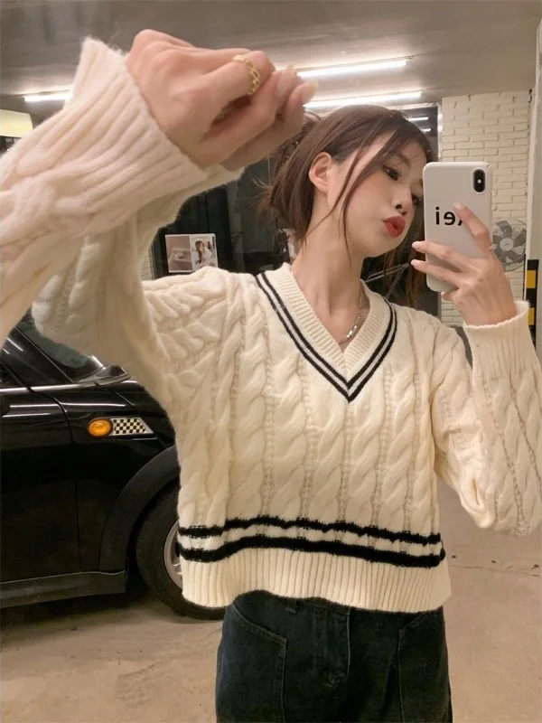 

American College Sle V-Ne Knitted ort Sweater Women's Autumn Winter New Loose Outerwear Knitted Top Warm Thien