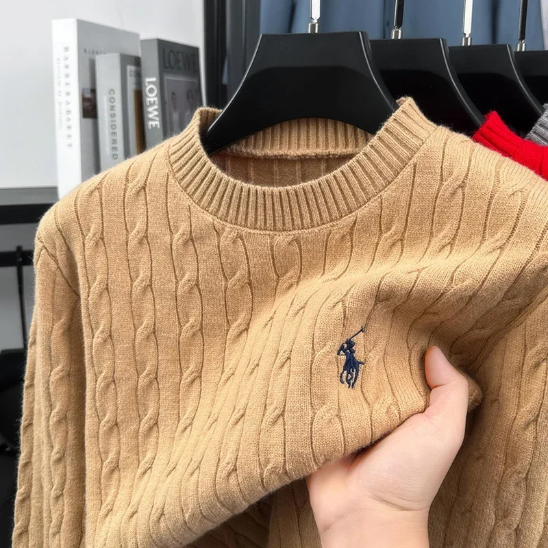 

Classic Pony Logo Fried Dough Twists Round Neck Sweater for Men's Thickened Heavy Knit Bottoming