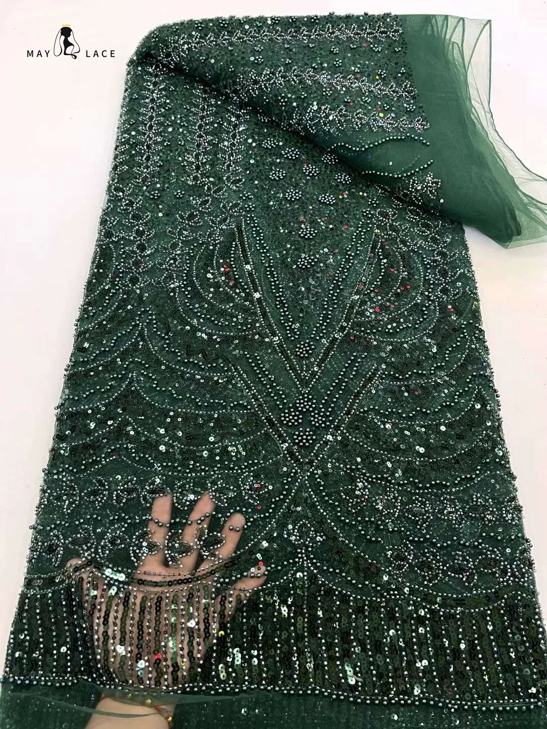 

Green African Beaded Lace Fabric 2024 High Quality Lace Nigerian Sequin Groom Lace French Tulle Fabric For Wedding Party Dresses