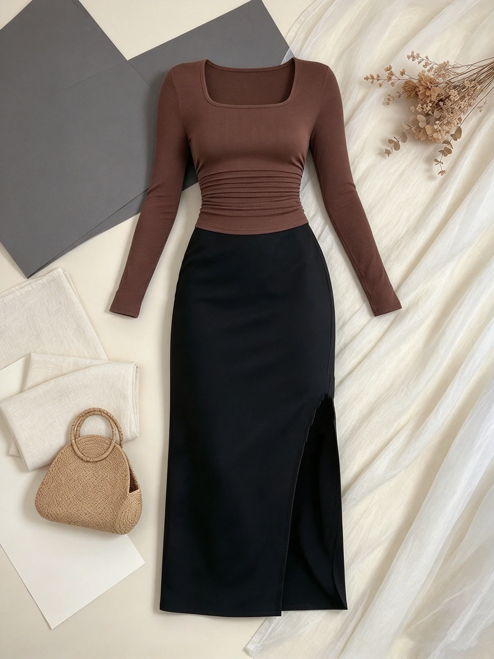 Women's Solid Color Casual Square Neck T-Shirt Top with Elastic Waist Long Sleeves Skirt Set Split Detail