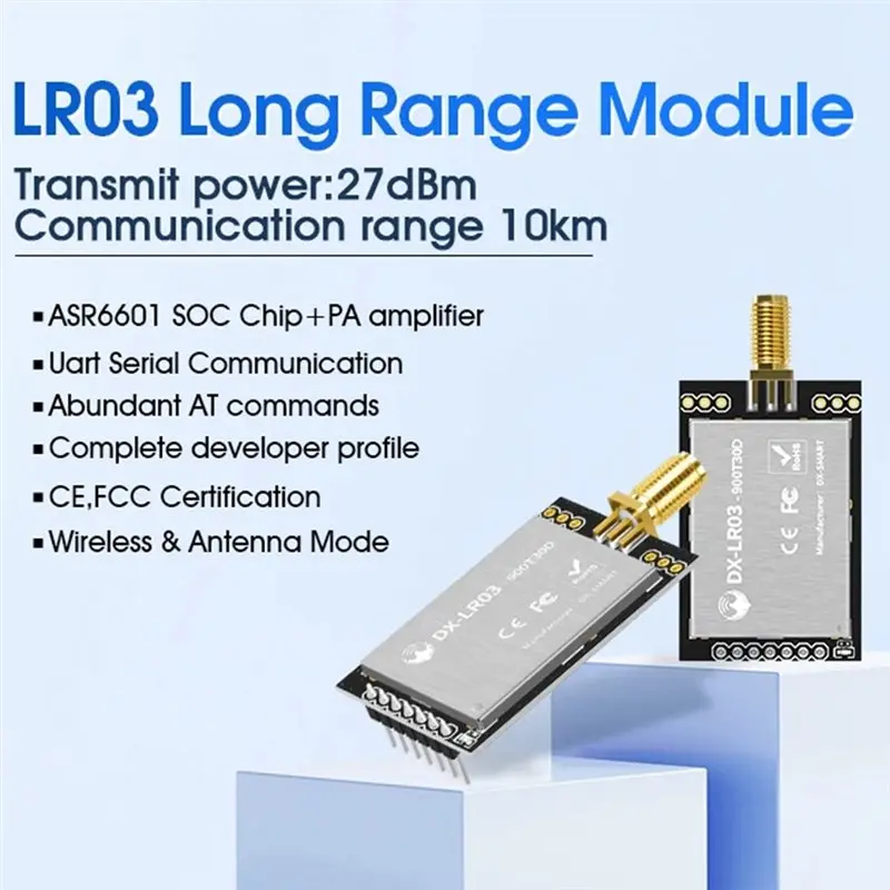 Модуль Lora DX-LR03 868 МГц 915 МГц, дальность передачи 10 км, мощность 27 дБм, последовательный порт UART, ASR6601