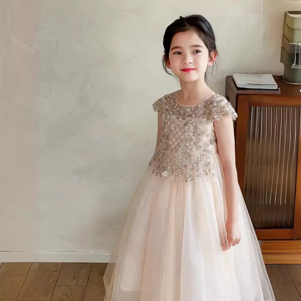 2026 New Fashion Girls Dress Children Clothing Spring Summer High-end Piano Performance Champagne Mesh Princess Dress