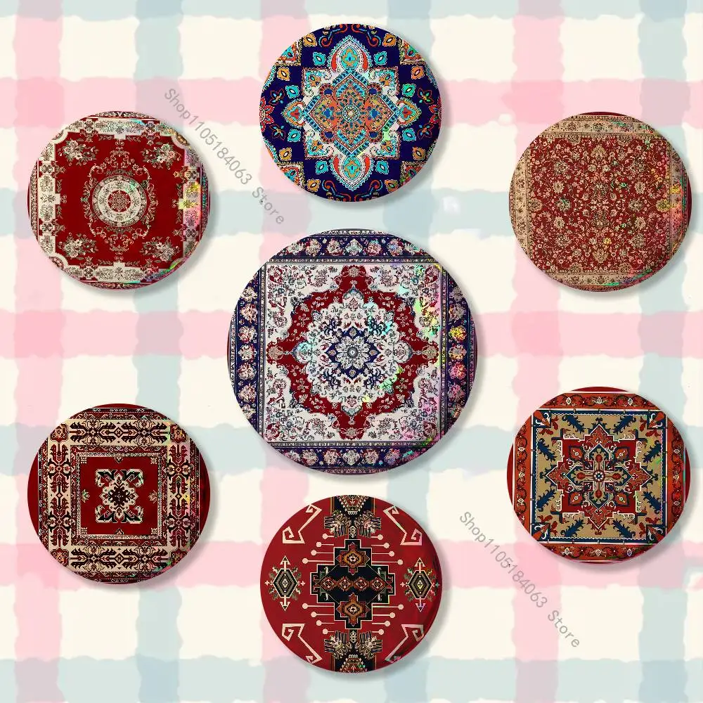 

Persian Carpet Floral Pattern Badge on Backpack Clothes decoration Tinplate Round Brooch Funny Custom Gifts for Friend