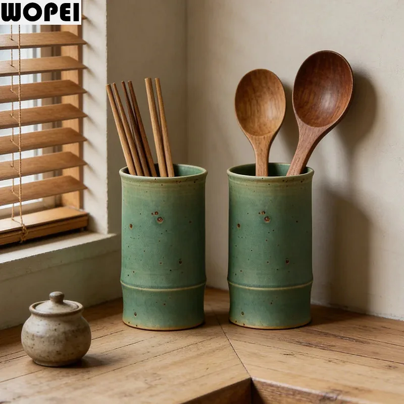 Creative Bamboo Ceramic Chopstick Holder Vintage Chopstick Rest Knife Fork Spoon Holder Makeup Brush Storage Jar Household Items