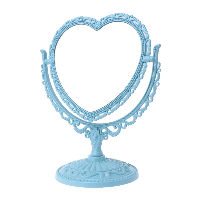 2Sides Heart-shaped Makeup Mirror Rotatable Stand Table Compact Mirror Dresser