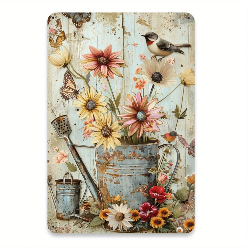 Vintage Garden in Iron Barrel Metal Sign, Mixed Color Rustic Tin Wall Art for Home & Cafe Decor, 8x12 Inch