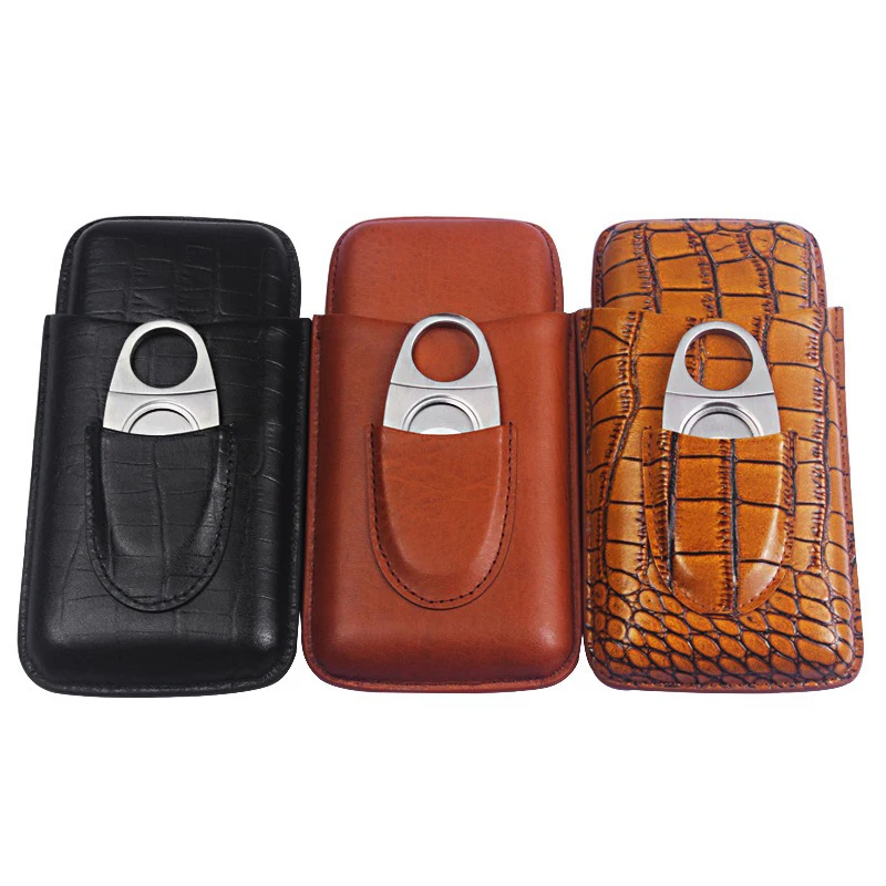 Travel Leather Cigar Case with Cutter Portable 3 Tube Holder Humidor Box  Cigars Smoking Accessories Tool