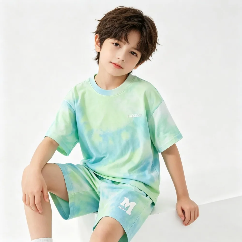 Fashion Boys Tracksuits Sets 5 to 6 7 8 9 10 11 12 13 14 Years 100% Cotton Blue Green Summer Letters Print Kids Sport Short Set