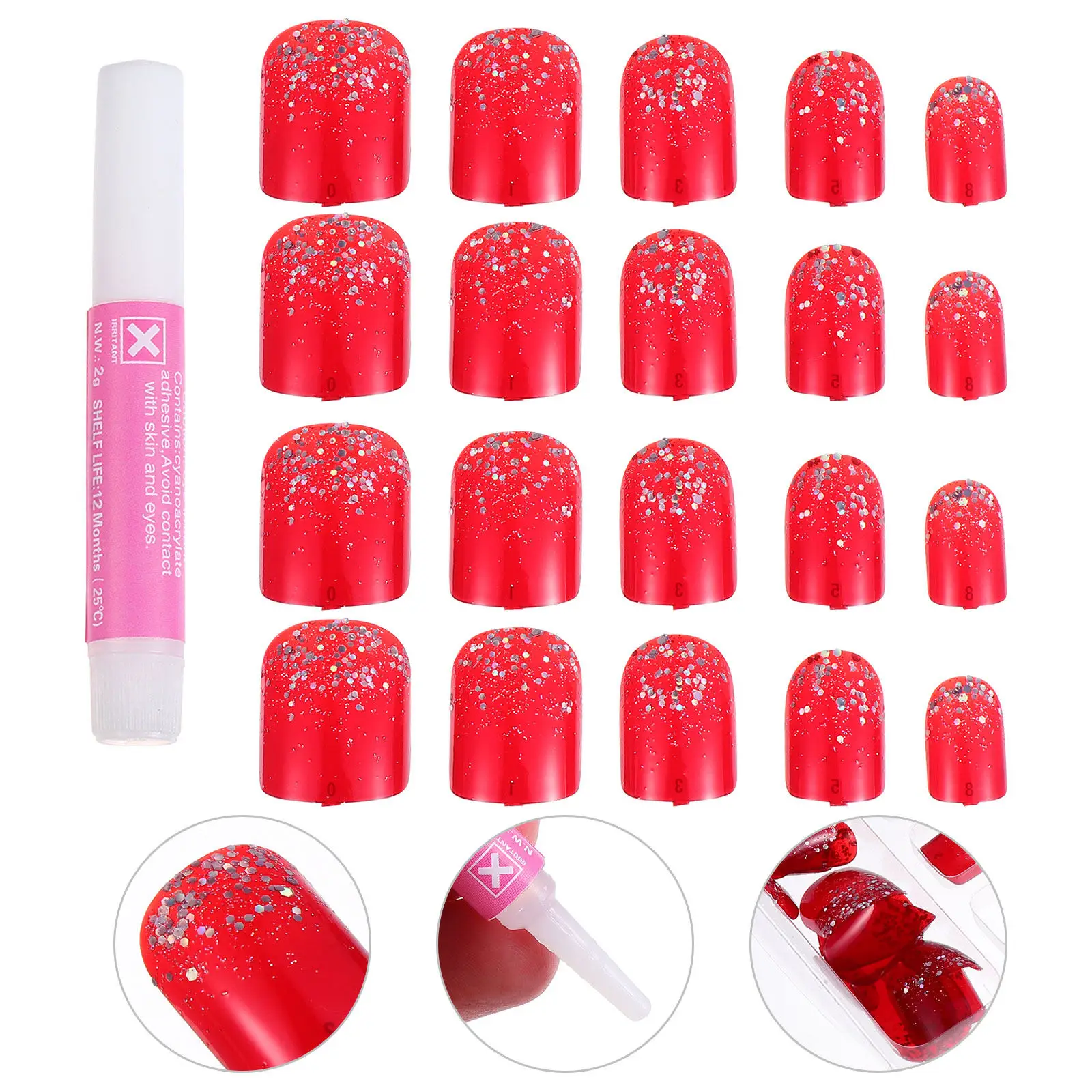 48Pcs Red Glitter Press On Nails Short Square Full Cover Chip Resistant False Nails for Women Prom Date