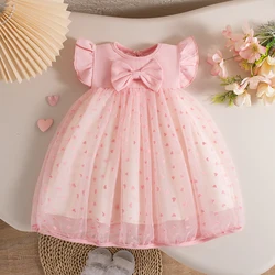 Baby Girl Pink Dress Heart Embroidered Gauze Bow Tutu Dress Kids Birthday Party Dress