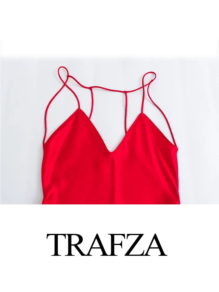 TRAFZA-Robe Longue Camisole pour Femme, Couleur Unie, Col en V, Dos aux, Décorer, Nouvelle Mode, Été, 2023