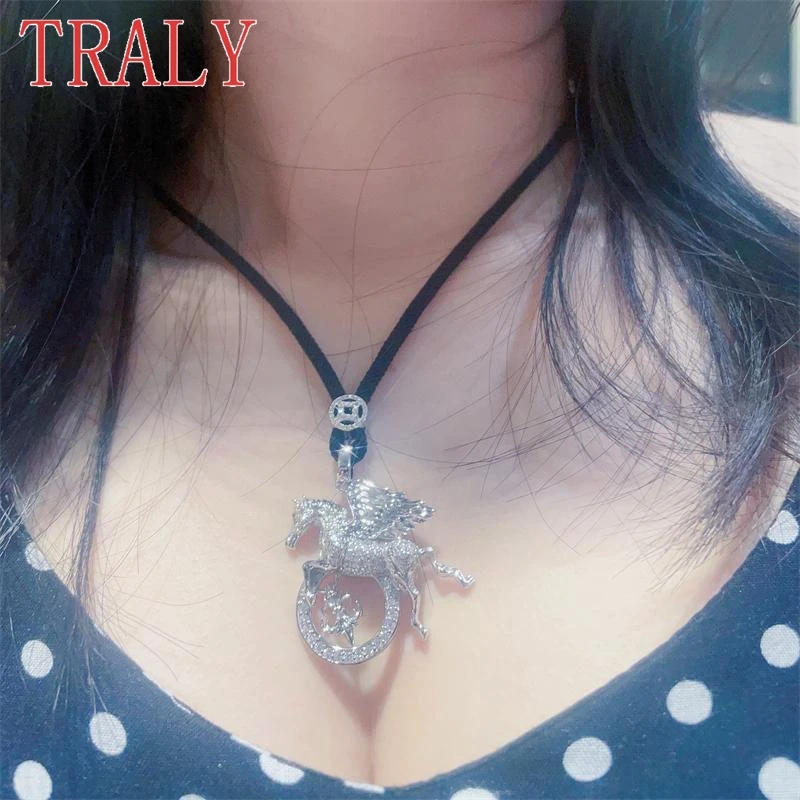 925 Sterling Silver Horse Pendants for Women and Men Necklace Inlay Moissanite Full Diamond 60cm High Quality Party Jewelry Gift