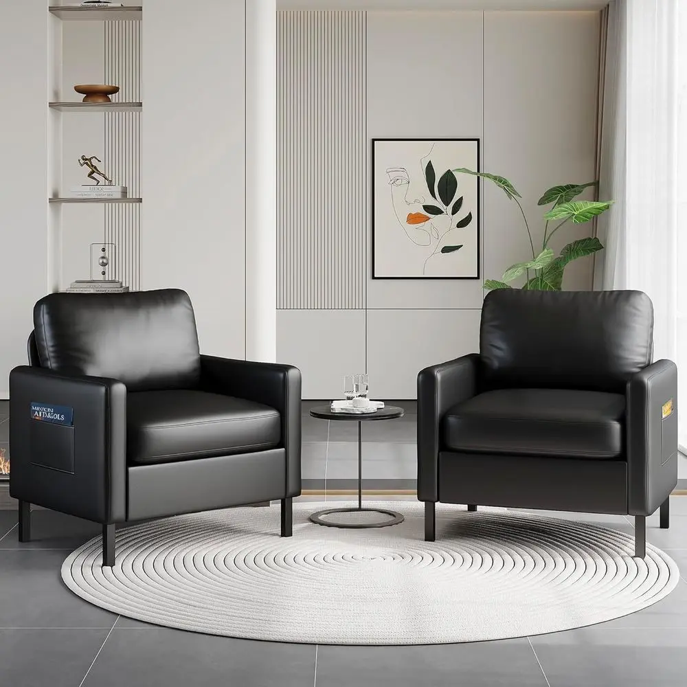 

Pair of Black Leatherette Accent Chairs with Arms, Suitable for Office, Waiting Area, or Home Living Spaces with Metal Legs