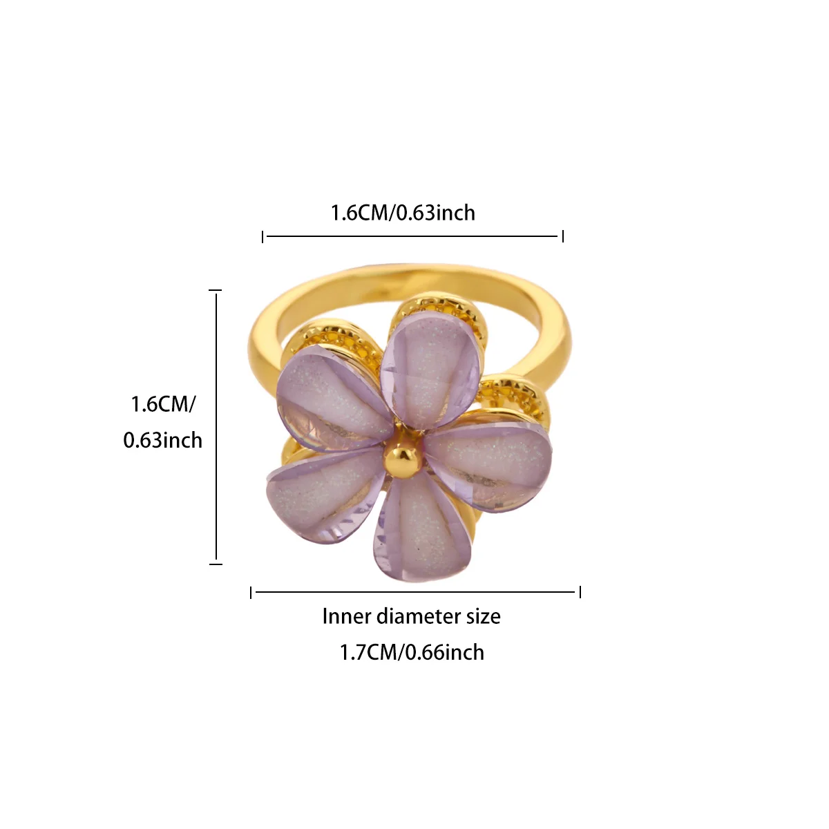 Niedlicher drehbarer Ring mit Blumenmuster aus Harz für Damen, goldfarben, Kupfer, drehbare Blume, offener Manschettenring, trendiger Party-Schmuck – Detail 3