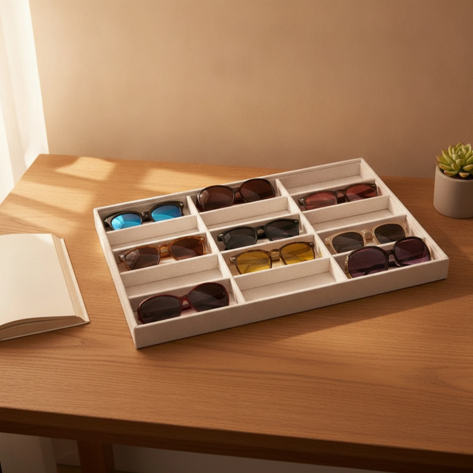 Glasses Display Tray with 15 Compartments Linen-Textured Eyewear Display Tray Open-Top Slim-Profile for Retailers, Vanity Tables