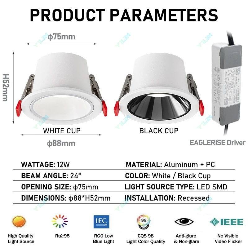 Anti-glare LED Downlight Recessed Spotlight Aluminum Wall Washer Lamp COB 10W AC220V For Home Office No Main Light Design