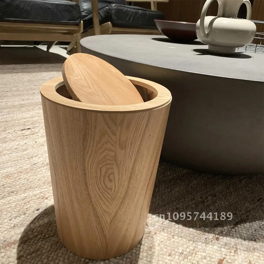 Solid Wood Swing Lid Garbage Can Japanese-style Home Bedroom Wastebasket Toilet Rubbish Office Paper Storage Waste Hotel Bin