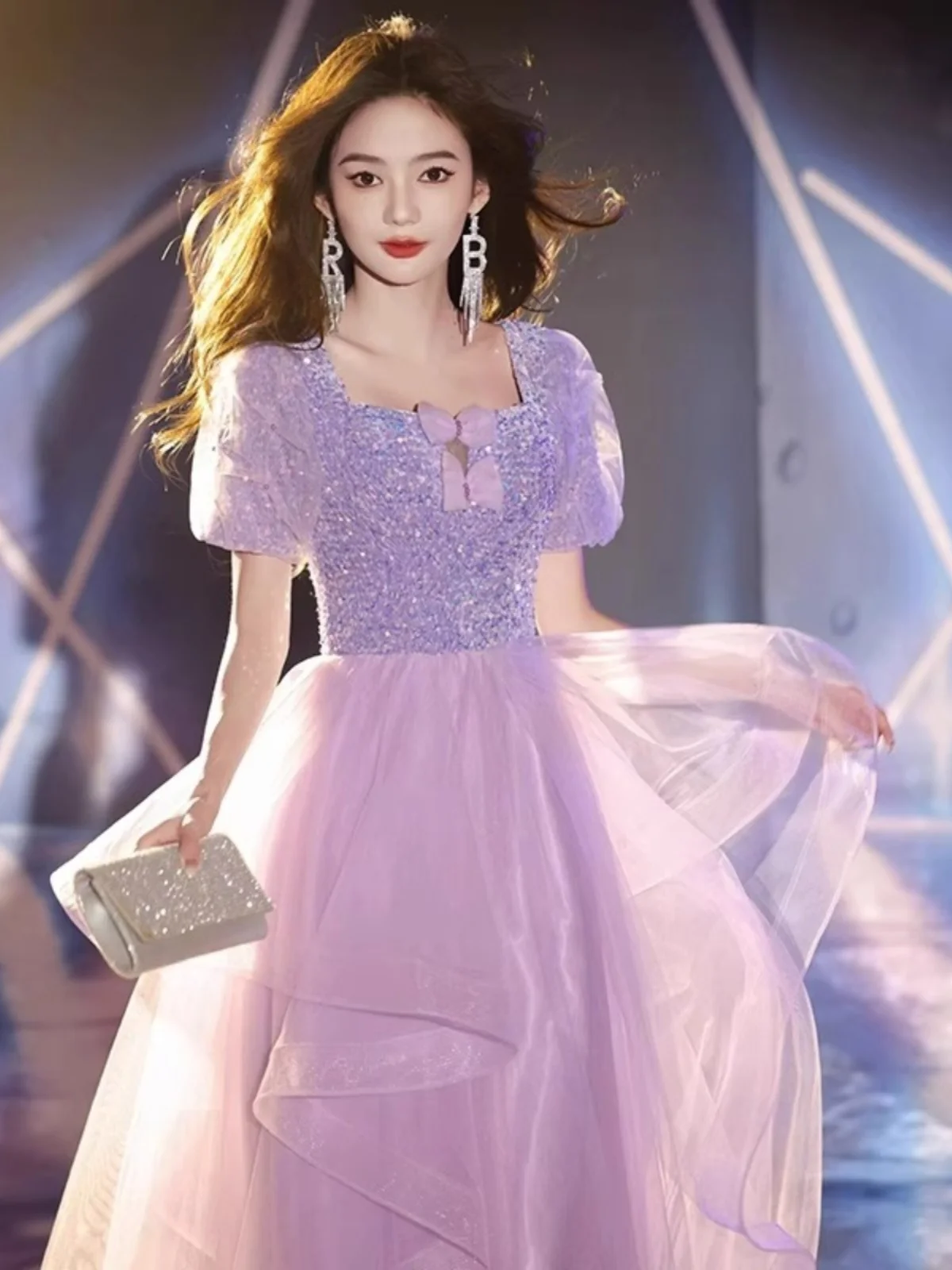 

Ele Purple Evening Gown Fairy Skirt Host Piano Performance Outfit High-End Aosphere Sound Music Exam Advanced Feeling