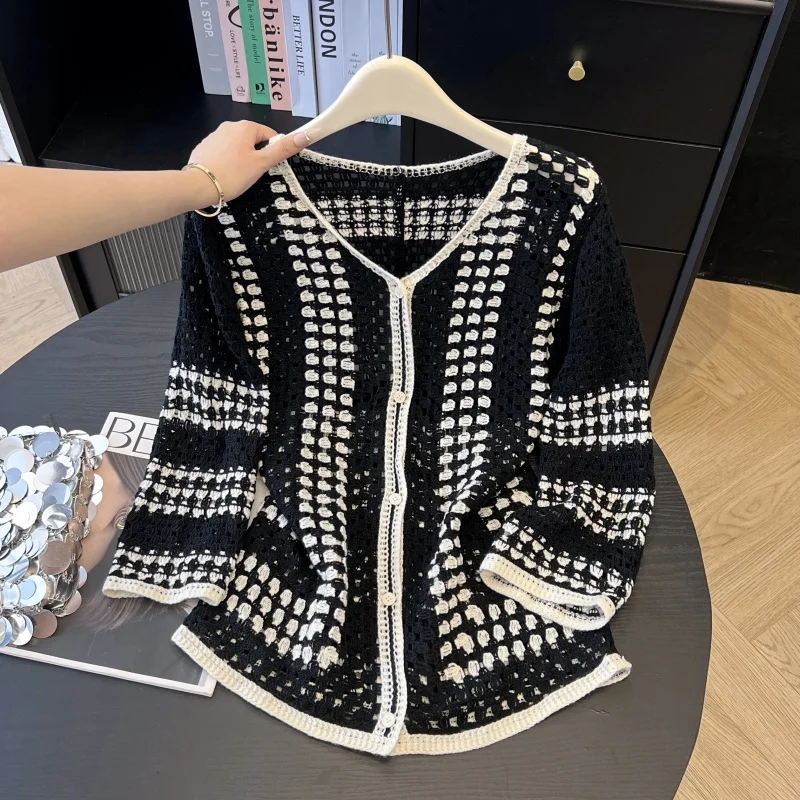 Casual Long Sleeve loose Elegant cardigan patchwork V-neck Chic Hook Flower Hollow Out spring autumn Top Plus Size Clothing