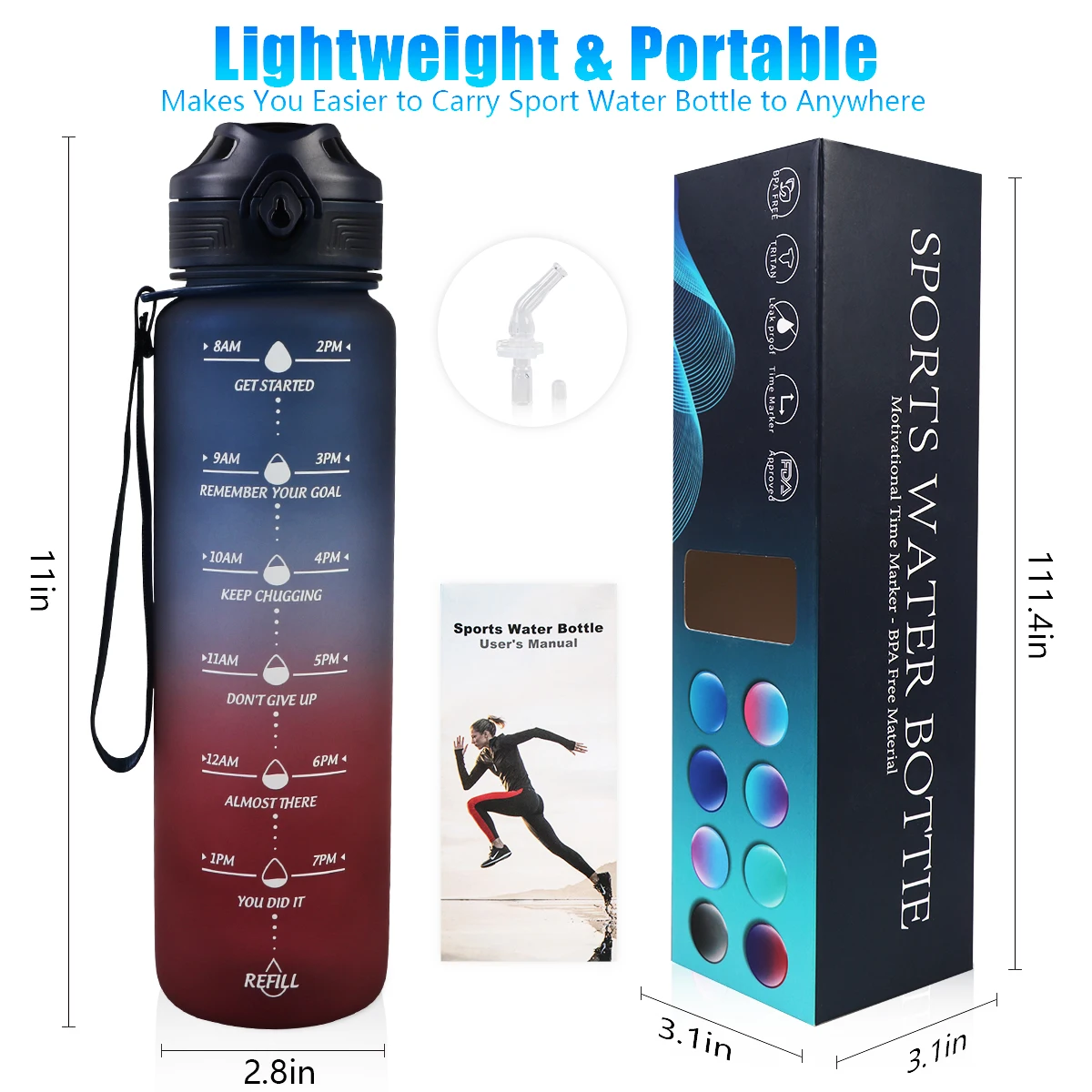 1000ml Gradient Leakproof Water Bottles with Straw Time Marker Motivational Drinking Sports Water Bottle for Fitness Gym Outdoor