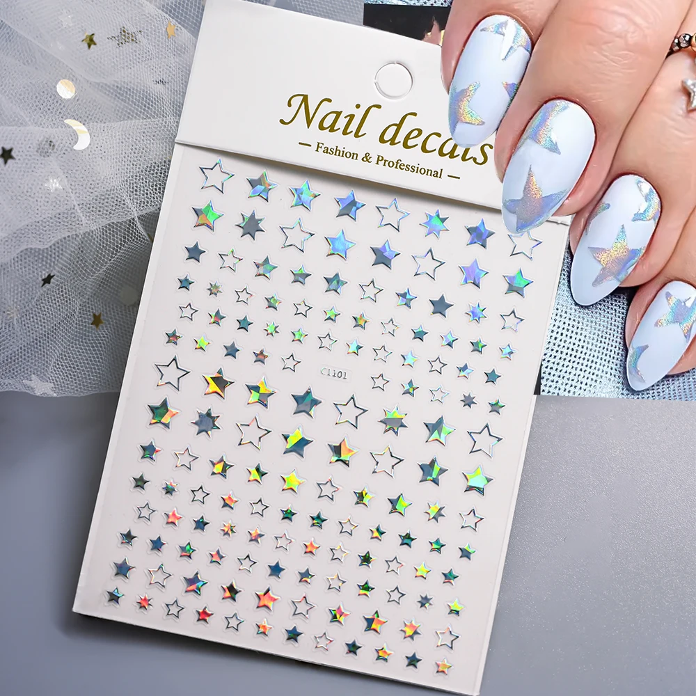 1 قطعة Y2K ثلاثية الأبعاد أسود/أبيض نجوم مسمار الفن ملصق ذاتية اللصق خمسة الخماسي مسمار ملصق مائي لتقوم بها بنفسك الليزر الأبيض الأسود ستار مسمار المتزلجون #6