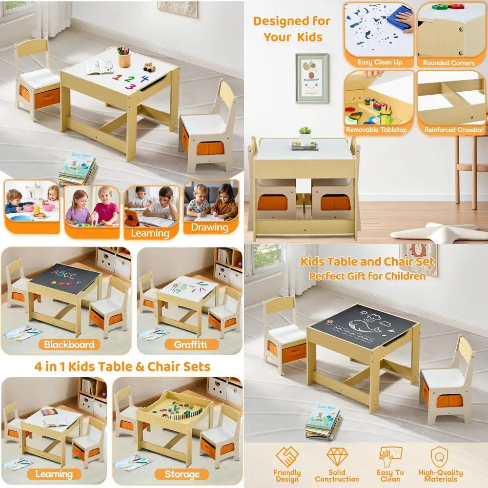 

4-in-1 Wooden Kids Table and Chairs Set with Reversible Top and Storage for Toddlers, Ideal for Home, Nursery, and Playroom